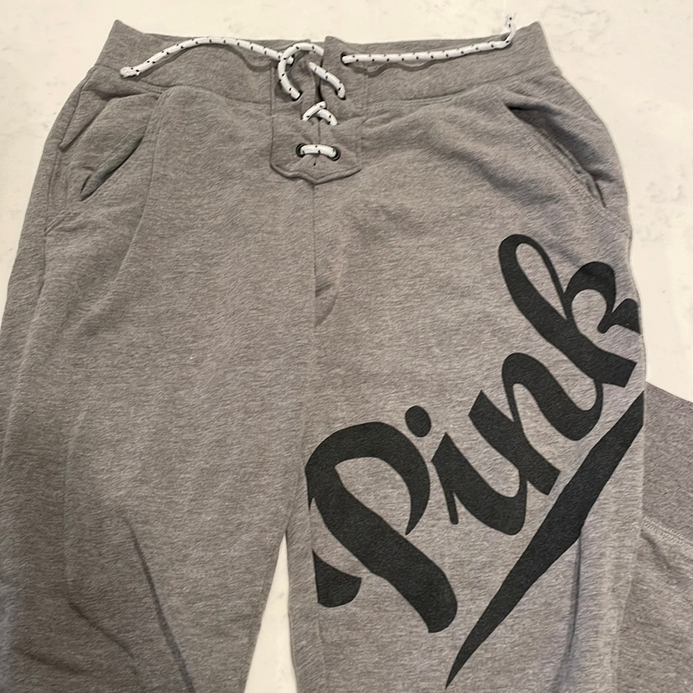 PINK VS sweatpant joggers hockey jersey style tie front - size Small women's